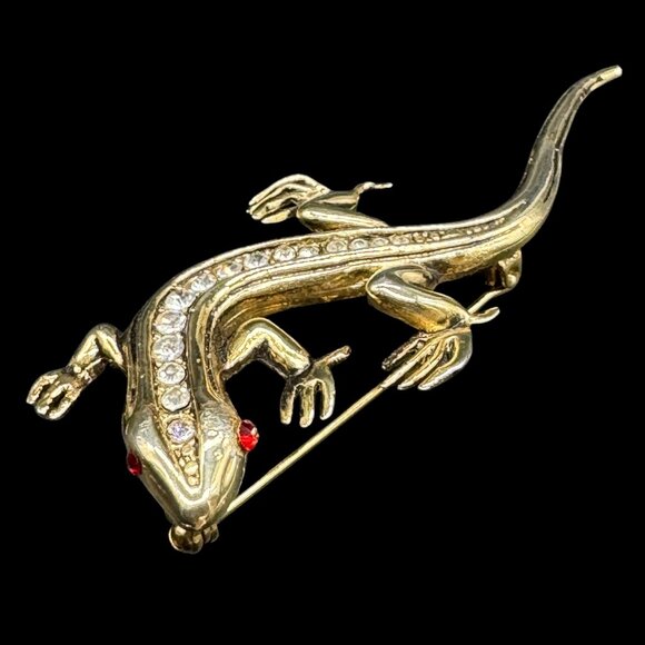 Vintage Gold Tone Brooch Pin Lizard Red stones Eyes and Clear Stones Spine READ - Picture 1 of 5